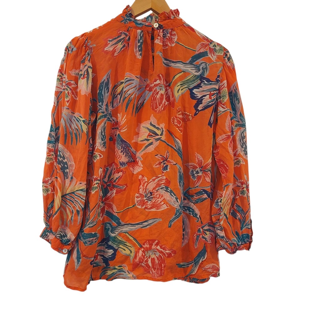 Banjanan Orange Silk Tropical Floral Bird Print Ruffle Neck Blouse Womens XS - Picture 6 of 9